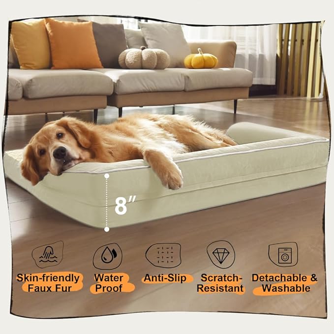 Large Dog Bed Orthopedic Washable: Extra XL XLarge Big Dog Bed with Washable Bolster & Memory Foam Couch Sofa - Waterproof with Removable Cover - Beige
