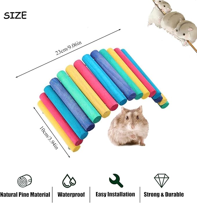 PIVBY 2PCS Wooden Hamster Bridge, Flexible Natural Wooden Ladder Bridge Tunnel Hideout, Hamster cage Accessories for Small Animals Guinea Pig, Rat, Chinchilla, Gerbil, Mice, Mouse (Colorful)