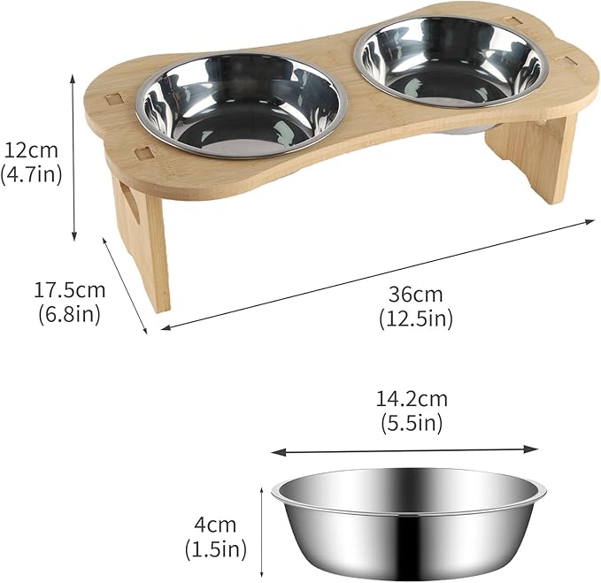 Elevated Dog Cat Bowls-2pack Stainless Steel Pet Food Water Bowls with Anti-Slip Bamboo Stand-Raised Dog Bowl for Small Dogs-Raised Cat Bowl Stand-Pet Feeding Station(4.7'' Height