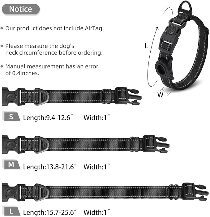 JSXD AirTag Dog Collar, Night Reflective Nylon Dog Collar for Small Medium Large Dogs,Lockable Quick Release Buckle,Padded Breathable Pet Collar with AirTag Holder (Black, Medium)