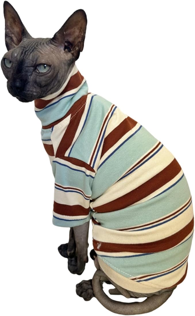 Vintage Stripes Sphynx Hairless Cats Shirt Cotton Cat Turtleneck Pet Clothes Kitten T-Shirts with Sleeves for Sphynx Cornish Rex, Devon Rex, Peterbald (Mint Brown, X-Large (Pack of 1))