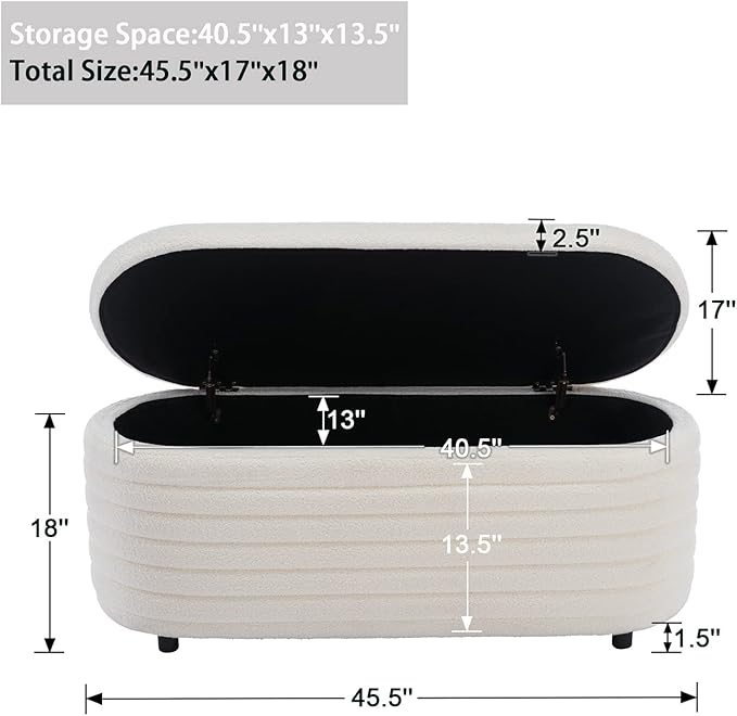 Kmax 45" Storage Bench Faux Fur Entryway Bench Upholstered Ottoman Bench for Bedroom Living Room Hallway, White