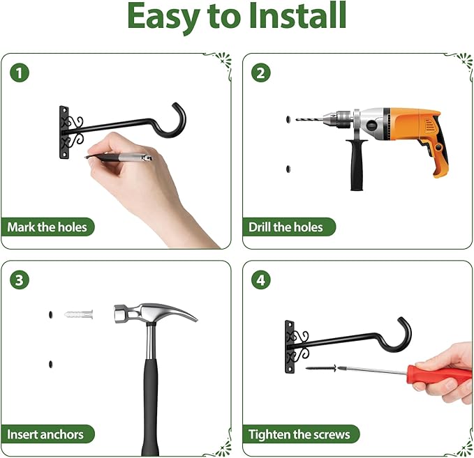 BOLITE Bird Feeder Hangers, 8 Inch Hanging Plant Brackets Outdoor or Indoor, Wall Hooks for Hanging Hummingbird Feeders, Bird Feeders, Planters, Lanterns, Wind Chimes, String Lights, 2 Pack, Black