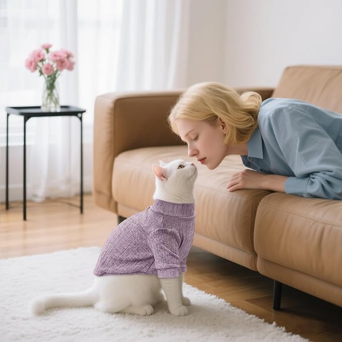 Idepet Sphynx Hairless Cats Sweater Shirt Kitten Soft Puppy Clothes Pullover Cute Cat Pajamas Jumpsuit Cotton Apparel Pet Winter Turtleneck for Cats and Teacup Chihuahua Small Dogs(Purple,L)