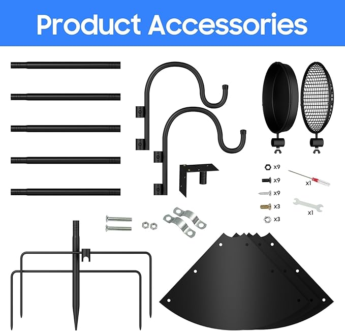 Bird Feeder Pole with Squirrel Proof Baffle,92 Inch Adjustable Double Shepherds Hook,Heavy Duty Hanging Bird House Pole Stand for Outdoors,Hummingbird Bird Bath Feeder Tray for Outside, Yard, Garden