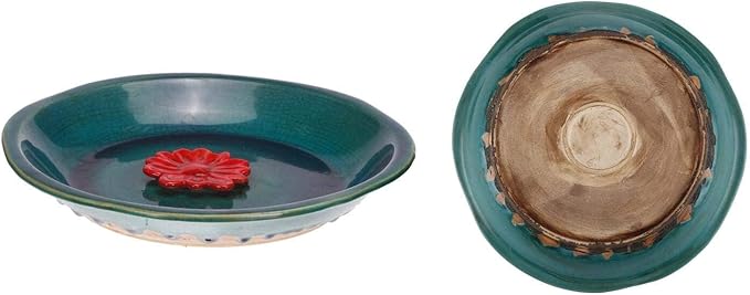 Ceramic Bird Bath for Outside, Bird Bath Bowl with Vintage Decoration for Garden & Patio, Ground, Deck, Balcony Yard Lawn Decor Blue Bird Drinker Plate - Red Flower, 12.25"