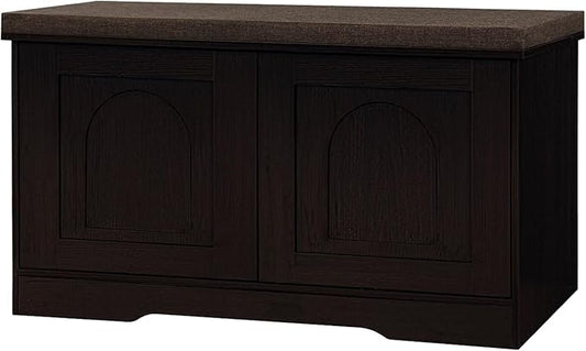 DINZI LVJ Shoe Bench, Entryway Storage Bench with Doors, Cushion, 2-Tier Shoe Rack with 6-Cubby, 31.5”L x 13.8”W Shoe Organizer Cabinet, Adjustable Shelf, Living Room, Bedroom, Espresso