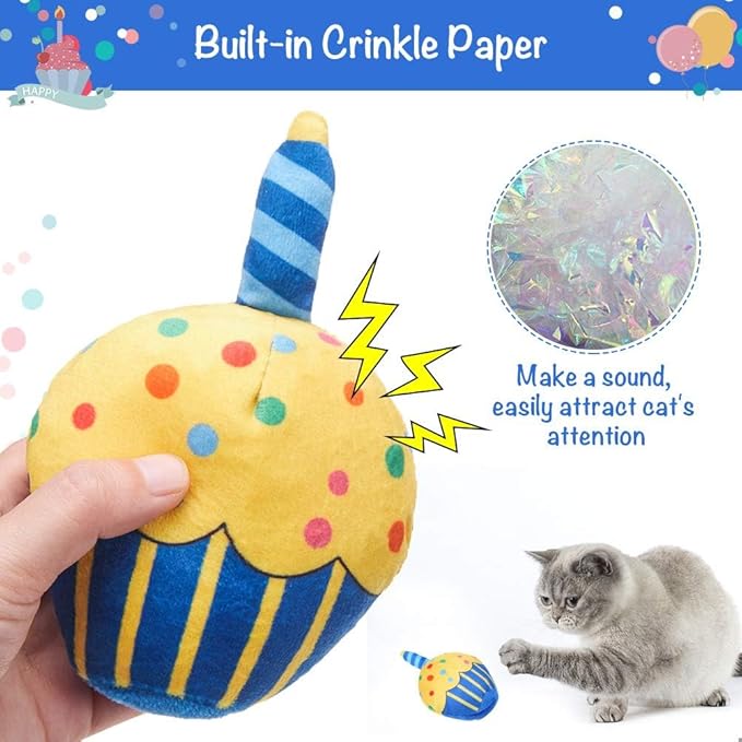 BINGPET Cat Birthday Catnip Toys for Indoor Cats,Cat Birthday Hat,Bandana and Cat Birthday Cake Interactive Plush Kitten Chew Toys,Cute Fish,Balloon Toys with Crinkle Paper and Catnip Inside(Blue)