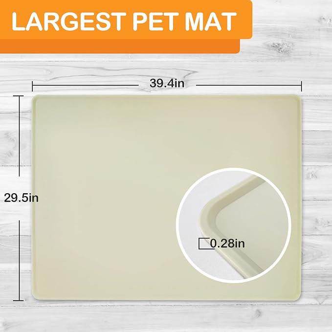 KVK Dog Water Mat 39.4 by 29.5in Extra Large - Silicone Mat for Dog Bowls Waterproof Non Slip - XL Pet Mat for Food and Water Protect Floors - Beige