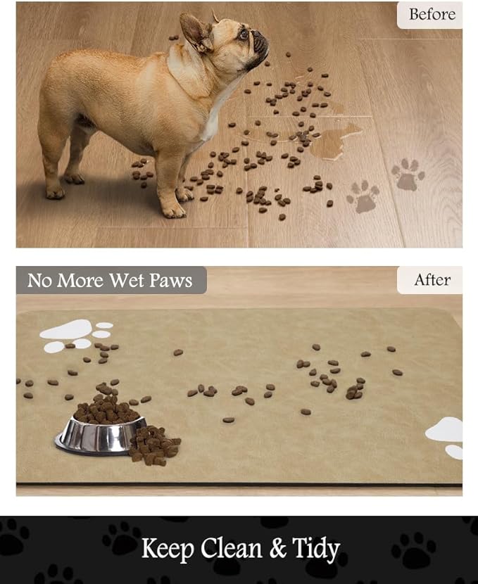 Pet Feeding Mat-Absorbent Dog Mat for Food and Water Bowl-No Stains Quick Dry Water Dispenser Mat-Dog Accessories Pet Supplies-Bowl for Messy Drinkers(Beige,16"x24"