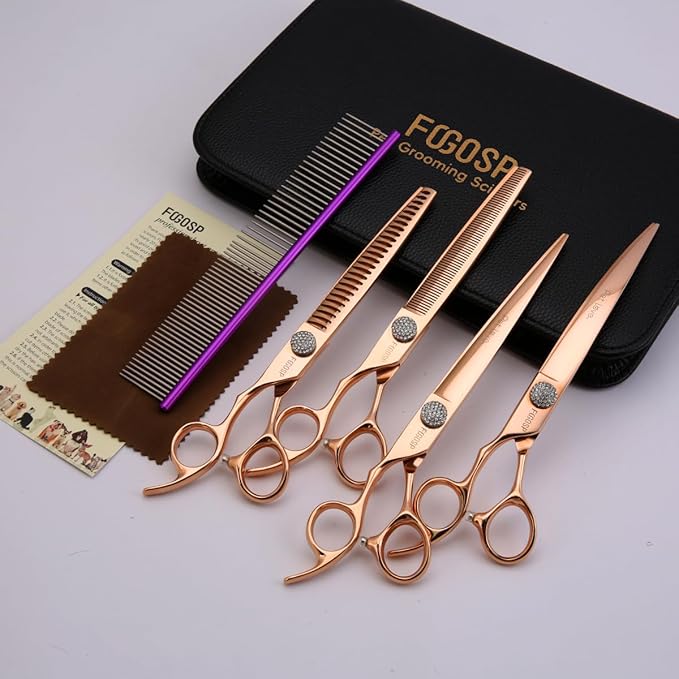 Left Handed Dog Grooming Scissors Set 4PCS Rose Gold Titanium Curved Thinning Straight Chunkers Shears Kit with White Artificial Diamonds Ergonomic Offset Handle Japan 440C