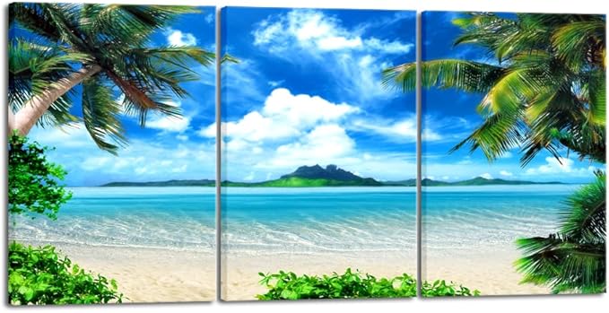 Wieco Art 3 Piece Blue Sea Beach Canvas Prints Modern Stretched Wall Art Seascape Pictures Paintings for Living Room Bedroom Home Decorations Modern Landscape Artwork