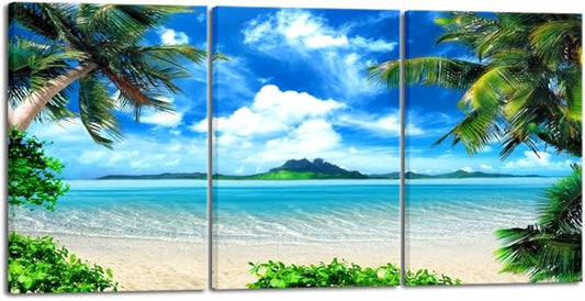 Wieco Art 3 Piece Blue Sea Beach Canvas Prints Modern Stretched Wall Art Seascape Pictures Paintings for Living Room Bedroom Home Decorations Modern Landscape Artwork