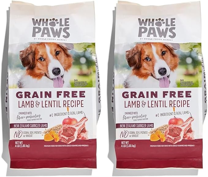 Whole Paws, Grain-Free Dry Dog Food, Lamb & Lentil Recipe, Enhanced with Fiber & Prebiotics, 4 lb (Pack of 2)
