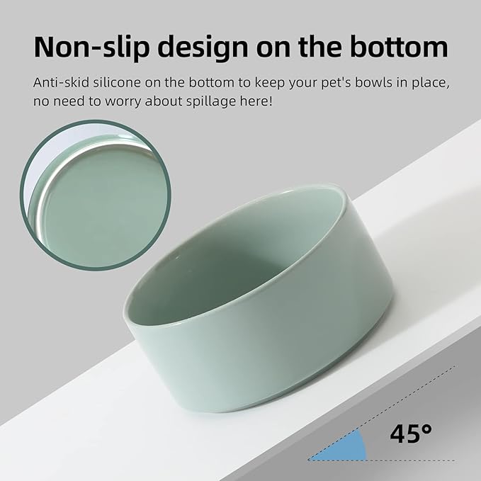 Ceramic Set of 2 Dog Bowls, Food and Water Bowls for Dogs, Puppy, 2pcs Dog Dishes, Pet Feeder(6inch, 2 x Light Green Bowls)
