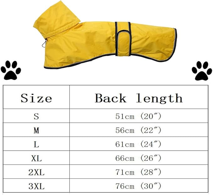 Dog Raincoat with Reflective Bar, Rain/Water Resistant, Adjustable Vest - Dog Raincoats for Greyhounds, Lurchers and Whippets - Yellow - XL