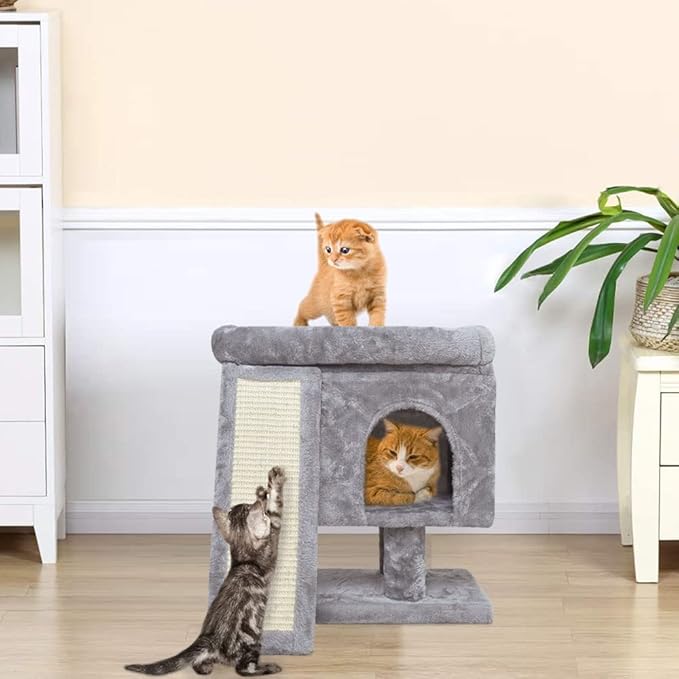 SYANDLVY Small Cat Tree for Indoor Cats, Cat Tower with Scratching Post, Modern Activity House for Large Cats, Condo with Board, Kittens Cave (Light Grey)