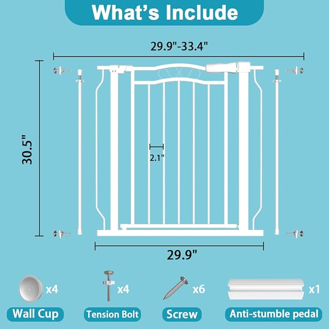 29.9-33.4 in Wide Baby Gate for Stairs Doorways, Auto Close Child Safety Gates Indoor for Dogs Pets, Pressure Mounted Metal Barrier Kids Toddler Door Walk Through, 30" Tall, White