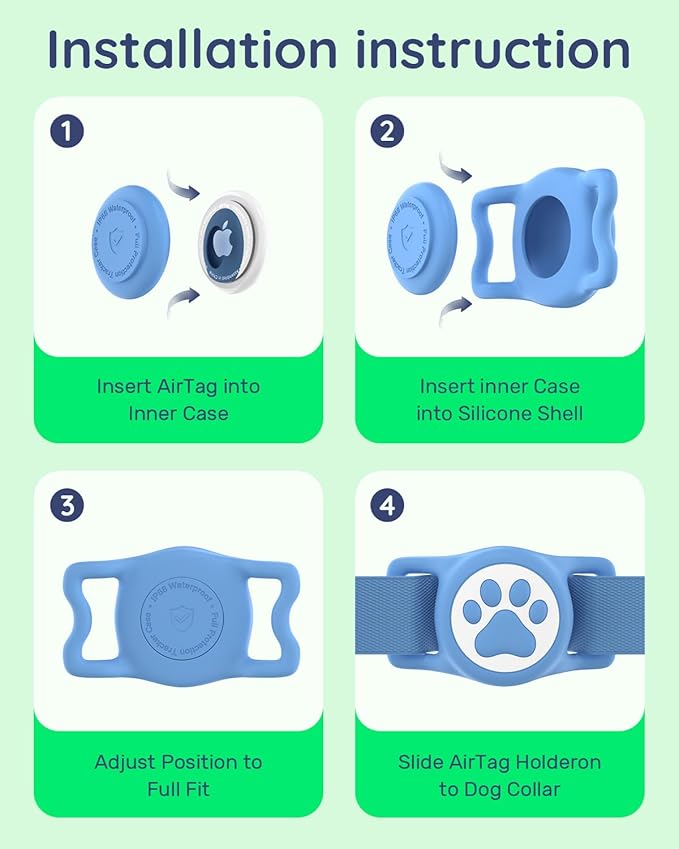 IP68 Waterpoof Dog Airtag Holder, Stretchy Silicone Full Body Covered Apple Air Tag Holder for Dog Cat Collar Fit All Width Collar (Blue, 1 Pack)