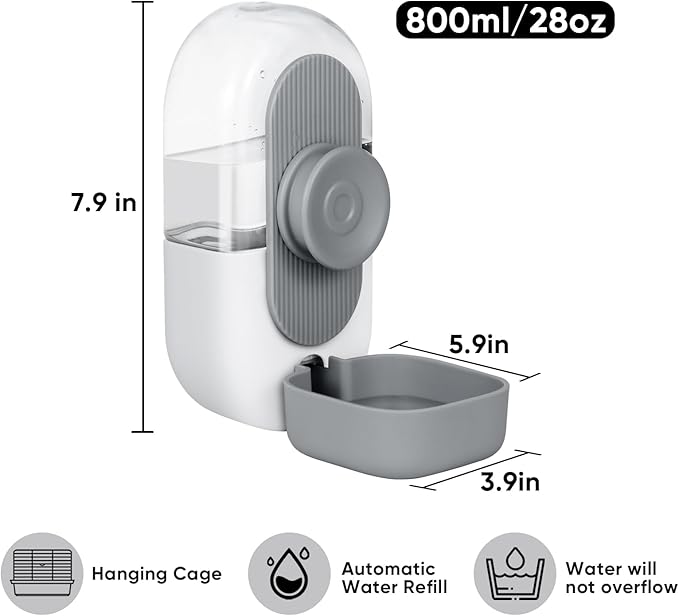 28oz Hanging Automatic Water Dispenser,Rabbit Water Bottle,Bunny Guinea Pig Ferret Water Bowl for Cage,Suitable for Small Animal Puppies(Cage Grid Spacing Over 1.2'') (Gray)