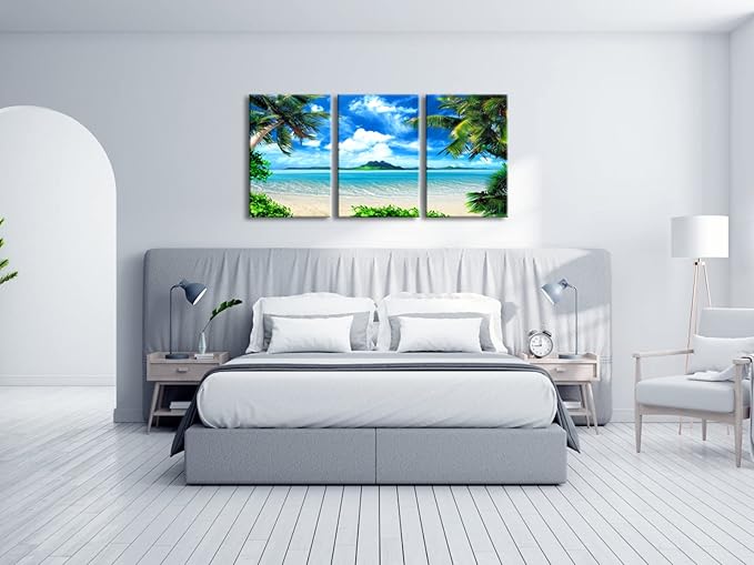 Wieco Art 3 Piece Blue Sea Beach Canvas Prints Modern Stretched Wall Art Seascape Pictures Paintings for Living Room Bedroom Home Decorations Modern Landscape Artwork