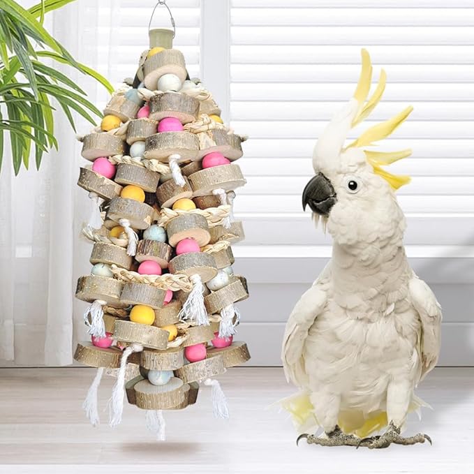 Large Bird Toys for Parrots Toys Natural Colored Wooden Bird Cages Chew Accessories for Macaws, Cockatoos, African Grey, and Amazon Parrots