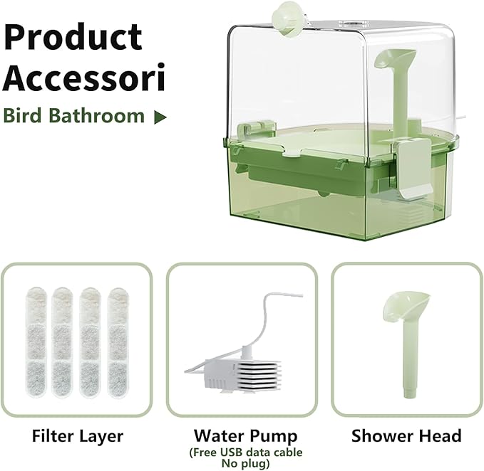 Automatic Bird Baths for Cage – Indoor Parakeet Bath with Pump, Bird Shower with 2 Modes Running Water, Bird Cage Accessory for Pet Birds Conure Budgies Cockatiels Lovebird(Green)