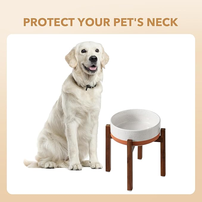 Ceramic 8.2inch Raised Dog Bowl Set, Elevated with Acacia Wood Stand, Food and Water Bowl for Large Breed Dogs, Weighted Pet Dishes(60oz, Vanilla White)