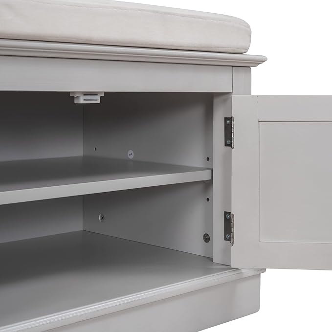 Storage Bench with 4 Doors and Adjustable Shelves, Shoe Bench with Removable Cushion for Living Room, Entryway 42.7" L x 16" W x 17.4" H (Gray Wash)