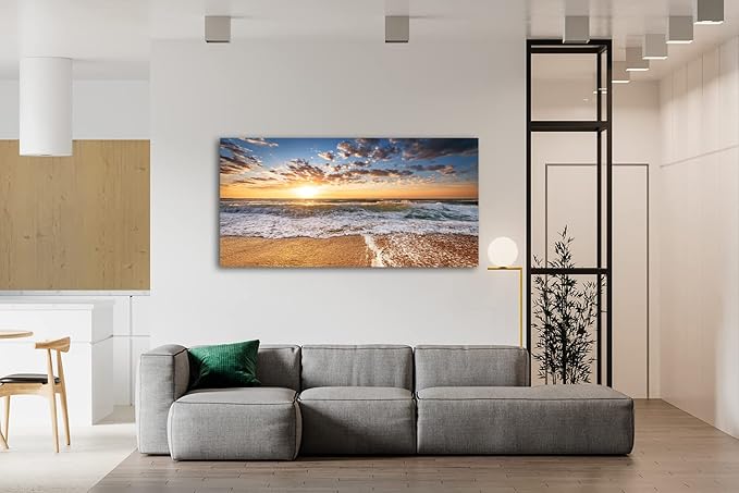 Jiuqinghua Wall Art Decor Large Canvas Print Picture Sunrise over the Sea 1 Panel Ocean Beach Waves Scenery Painting Artwork for Office Wall Decor Home Decoration Stretched and Framed Ready to Hang