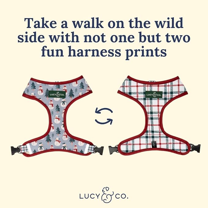 Lucy & Co. Cute Reversible Dog Harness Walking Halter - Best Designer Pet Harnesses for XS - XL Dogs - Padded Adjustable Vest for Easy Walking-Large-Gray & White Snowman
