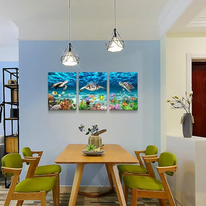 Canvas Wall Art for Living Room Large Size Wall decor for Bedroom Bathroom Wall Decoration blue Ocean Sea Turtle Paintings Modern shark Pictures Artwork office Decor Ready to Hang 16" x 24" 3 Piece