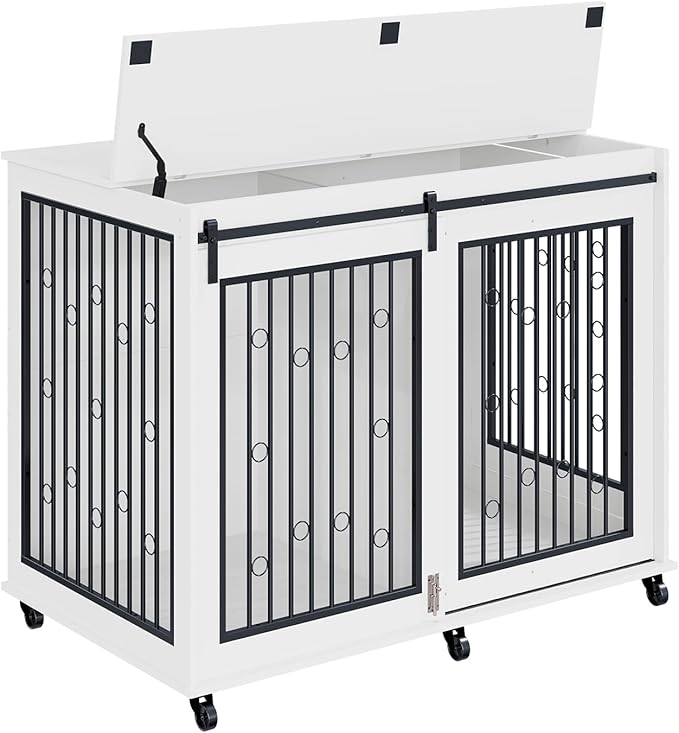 IchbinGo Large Dog Crate Furniture, 47" Wooden Dog Kennel with Sliding Barn Door, Flip-Top Lid & Wheels, Indoor Pet Crate Table with Detachable Divider for Small/Medium/Large Dogs (White)
