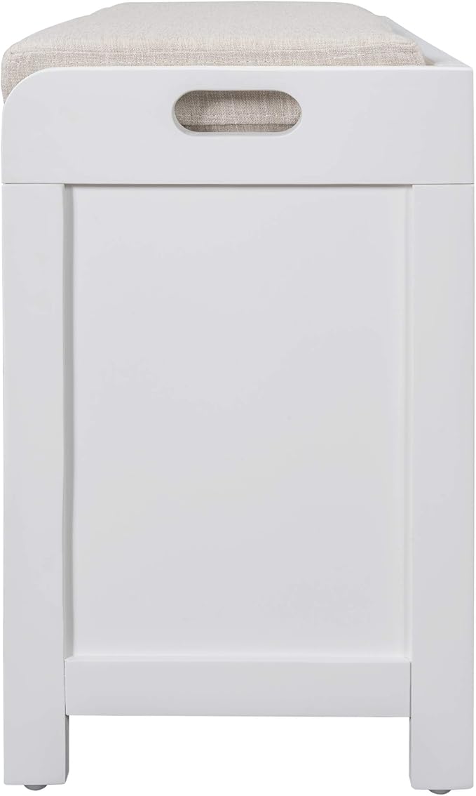 Storage Bench Removable Basket 2 Drawers Fully Assembled Acacia Wood Shoe Bench Standing Shoe Rack Removable Cushion for Living Room, Entrance Hallway, No Assembly Required White