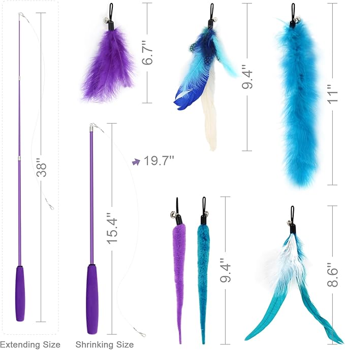 SONGWAY Interactive Cat Feather Toy Set - Retractable Teaser Wand with 6 Pcs Feather Refills with Bell, Cat Wand Toys for Indoor Cats Kittens Play Chase Exercise, Blue