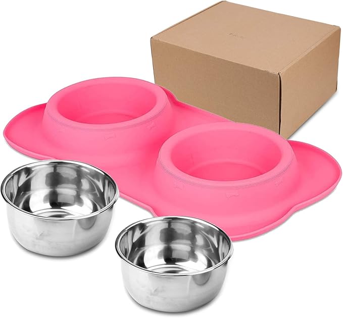 AsFrost Dog Food Bowls Stainless Steel Pet Food Bowls & Dog Water Bowls, Dog Bowls Silicone Mat No Spill Non-Skid Feeding Bowls for Small Size Dog Puppy Cat Food Dish, Pink, 3 Cup/24oz, Set of 2 Bowls