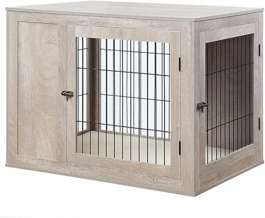 unipaws 41 Inch Furniture Style Dog Crate for Medium Large Dogs, Indoor Aesthetic Dog Stuff Kennel, Modern Wood Wire Cage, Pretty Cute End Side Table Nightstand, Weathered Grey