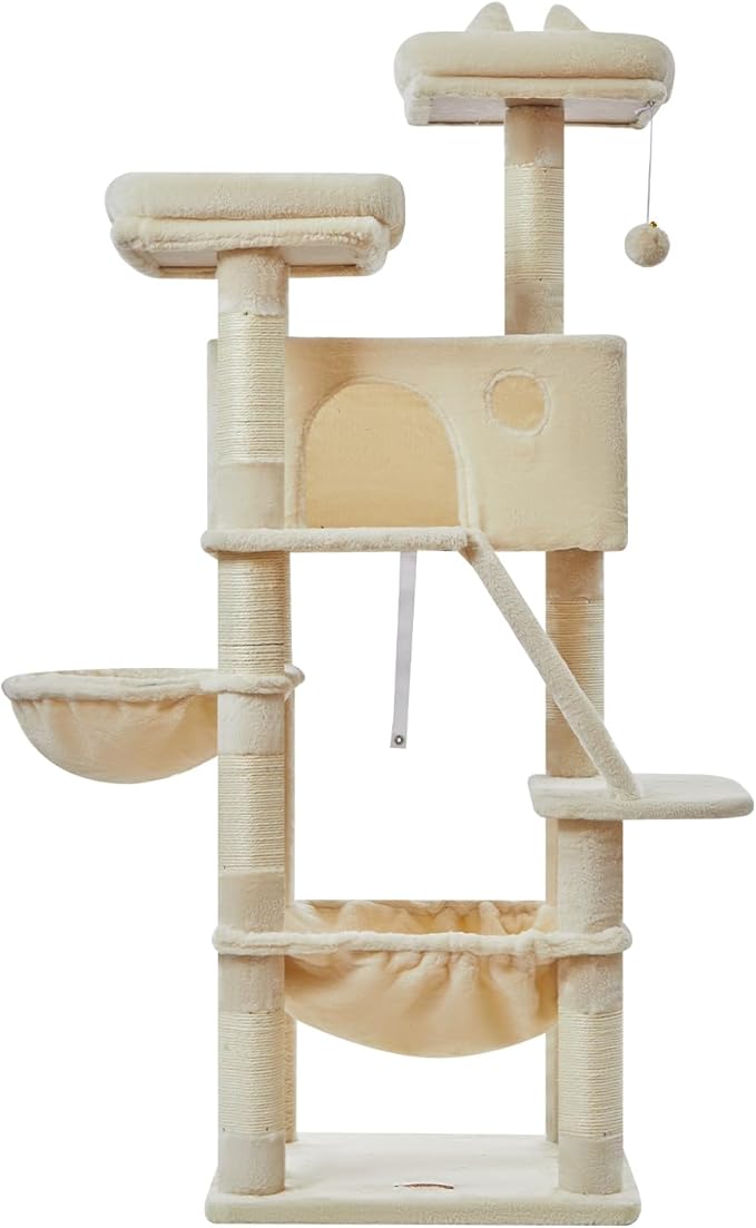 Taoqimiao Cat Tree 57.5-Inch, Cat Tower for Indoor Cats Large Adult, Extra Large Cat Condo, 8 Sisal Scratching Posts, Metal Frame Cozy Hammock, Durable Scratch Board, 2 Top Perches, Beige MS026M