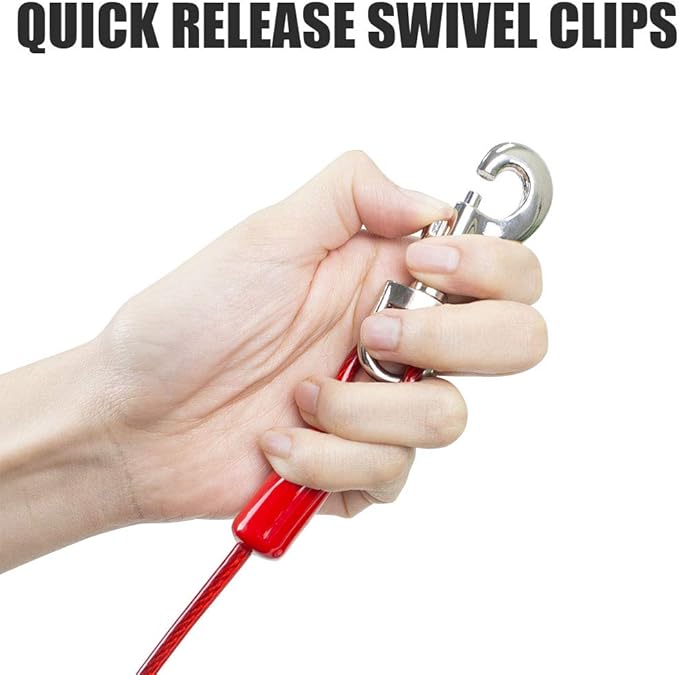 BV Dog Tie Out Cable 30 Feet - Heavy Duty Dog Lead Up to 125 Pounds - Reflective & Rust-Free with Quick Release Swivel Clips & 360° Rotating Clasp - Tangle-Free Dogs Runner for Yard (Red, Single)