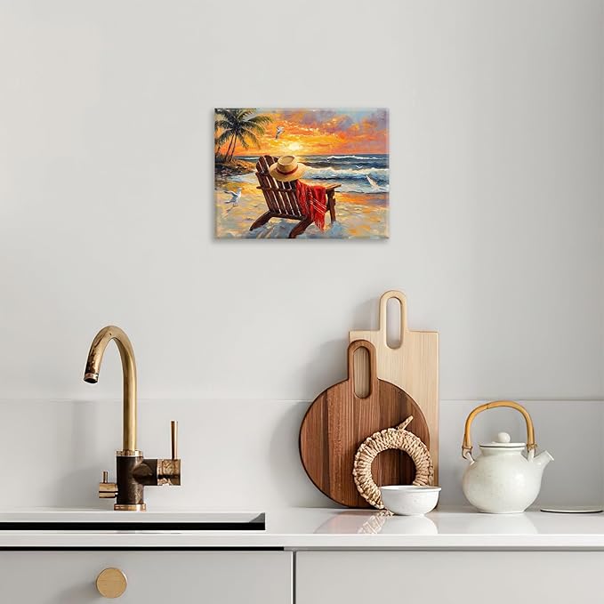 Beach Coastal Bathroom Pictures Wall Art, Seaside Ocean Bathroom Wall Decor, Sunrise Palm Framed Painting Canvas Artwork for Bedroom Living Room Decorations 20"L x 16"W