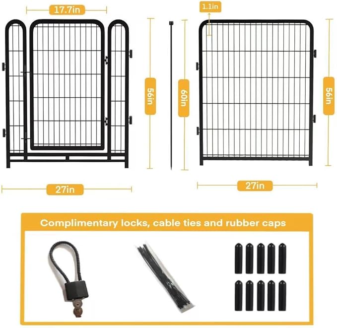 56 in(H) Decorative Garden Fence Panels, Wide Door Low Threshold, Dog Fence Outdoor for Yard. 10 Panels Total 22.1 Ft(L),No Dig Fencing for Dogs, Black