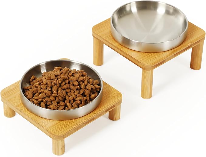 Elevated Cat Bowls for Indoor Cats – Raised Bamboo Cat Bowl Stand with 5.5" Wide Stainless Steel Dishes, Pet Food Table Plate for Easy Feeding, Whisker Friendly (Silver,Set of 2)