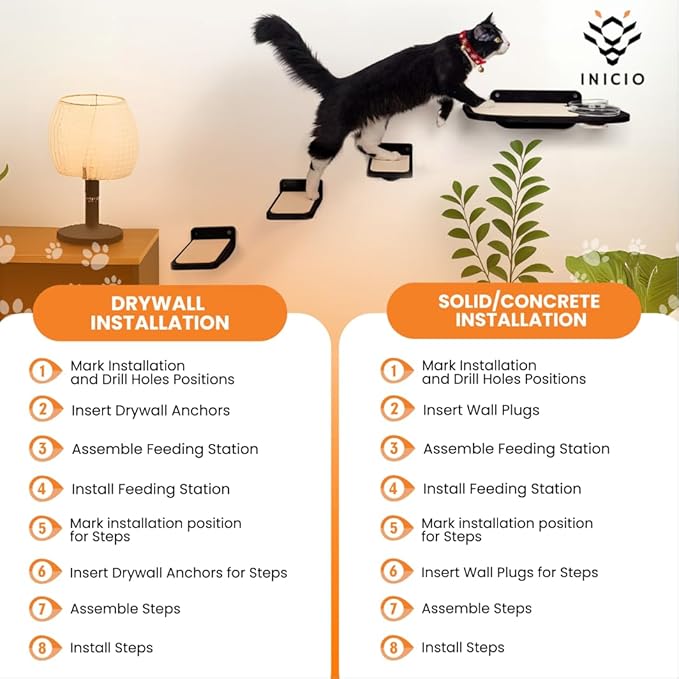 INICIO Cat Wall Shelves – Dog Proof Feeding Station with Wall Mounted Shelves, Durable 3 Step Birch Floating Shelf for Cats Up to 15lbs, Includes Attached Cat Food Bowl for Convenient Feeding – Black