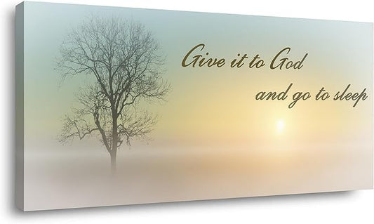 Lasdel Canvas Wall Art of Misty Sunset & Tree Plant Picture For Bedroom Home Above Bed, White Country Wood Sign For Bathroom, Give It To God & Go to Sleep Artwork Decor, Inner Frame 20x40 Inches