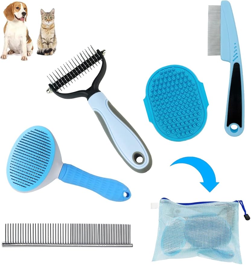 Dog Brush Grooming Kit 5PCS - Dog Brushes for Grooming, Dog Brush for Shedding,Puppy Brush and Flea Comb for Dogs, Slicker Brush Comb and Dog Hair Brush Set Blue