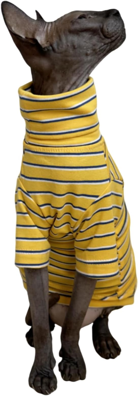 Vintage Stripes Sphynx Hairless Cats Shirt Cotton Cat Turtleneck Pet Clothes Kitten T-Shirts with Sleeves for Sphynx Cornish Rex, Devon Rex, Peterbald (Yellow Stripe, XX-Large (Pack of 1))