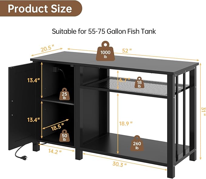 Aquarium Stand with Power Outlets, 55-75 Gallon Heavy Duty Fish Tank Stand with Cabinet Storage & Adjustable Shelf, for Fish Tank, Turtle Tank, Reptile Terrarium, 1000LBS Capacity, Black
