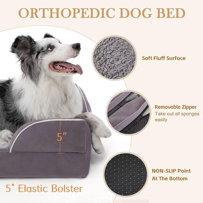 Comfort Expression Waterproof XL Dog Bed Orthopedic Foam Dogs Beds, Extra Large Dogs Bed with Bolster, Washable Dog Sofa Pet Beds with Removable Cover & Non-Slip Bottom(X-Large,Purple)
