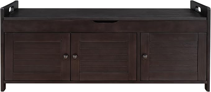 Shoe Storage Bench with 3 Shutter-Shaped Doors, Pine Wood Shoe Bench with Removable Cushion and Hidden Storage Space for Living Room, Entryway 43.5" L x 16" W x 18" H Espresso