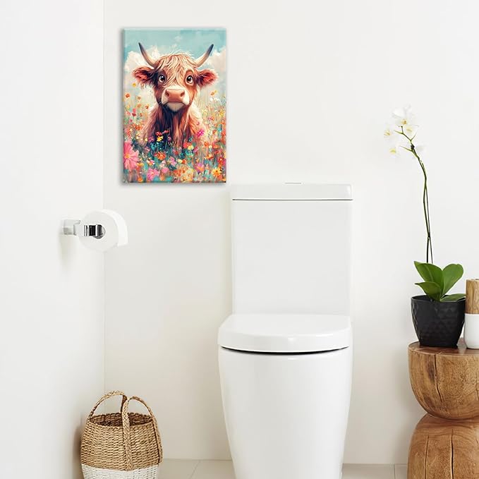 Highland Cow Wall Art Canvas Flower Cattle Wall Decor Prints Framed Painting Animal Pictures Gifts Artwork for Bathroom Living Dining Kitchen 16"x24"